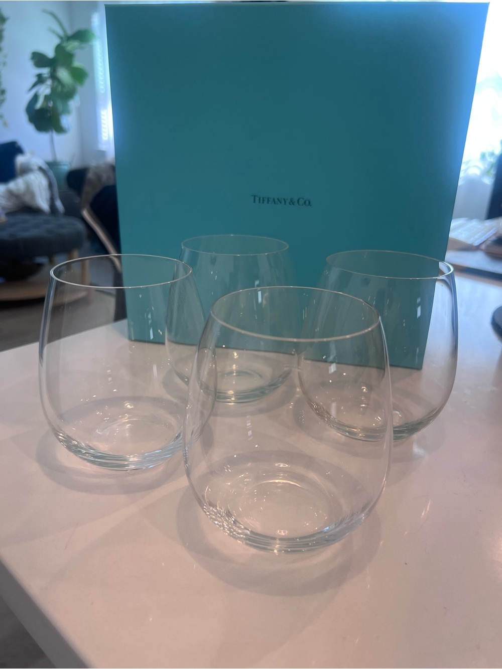 Tiffany & Co. Clear Stemless Wine Glasses with Tiffany Blue Box